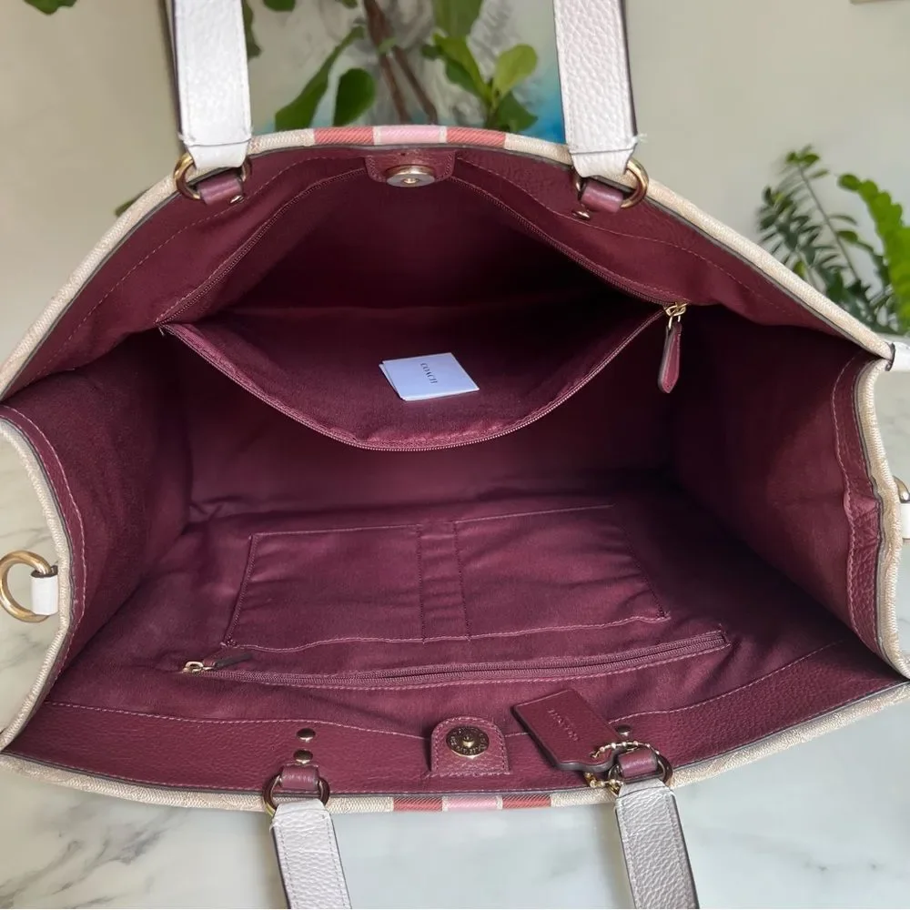 Dempsey Tote Bag 40 In Signature Jacquard Stripe & Coach Patch C1548 Khaki Pink - Picture 14 of 16